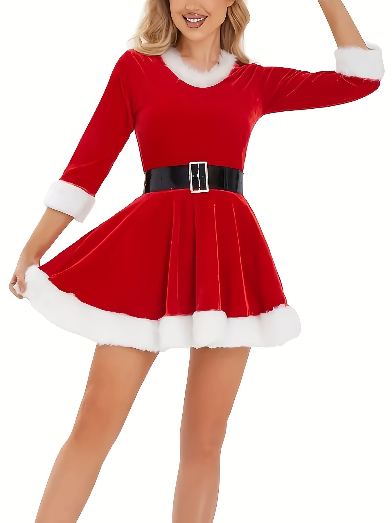 5pcs Women's Christmas Dress, Santa Claus Role-playing Costume, Plush Decoration Velvet Round Neck 3/4 Cuff Skirt with Hat, Socks, Belt, Gloves, Clothing, Santa Outfits For Women, Santa Claus Dress For Women, Christmas Winter
