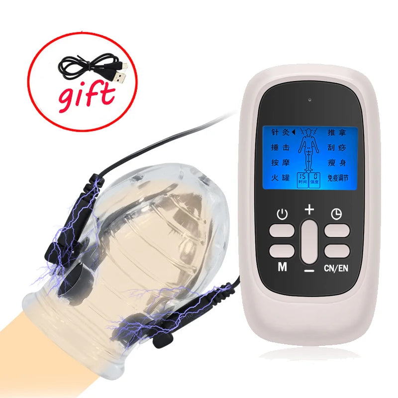 Electro Shock Penis Massager Vibrator Sex Toy for Men Glans Stimulate E-stim Penis Trainer Ring Delayed Ejaculation Penis Sleeve