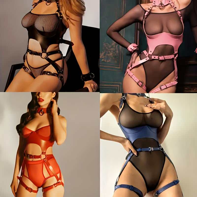 Ladies Gothic Faux Leather Bondage Suit | Adjustable Sexy Belt & Metal Buckles | Fetish Roleplay Costume For BDSM/Flirting Games | Edgy Fashion For Goth & Cosplay Lovers