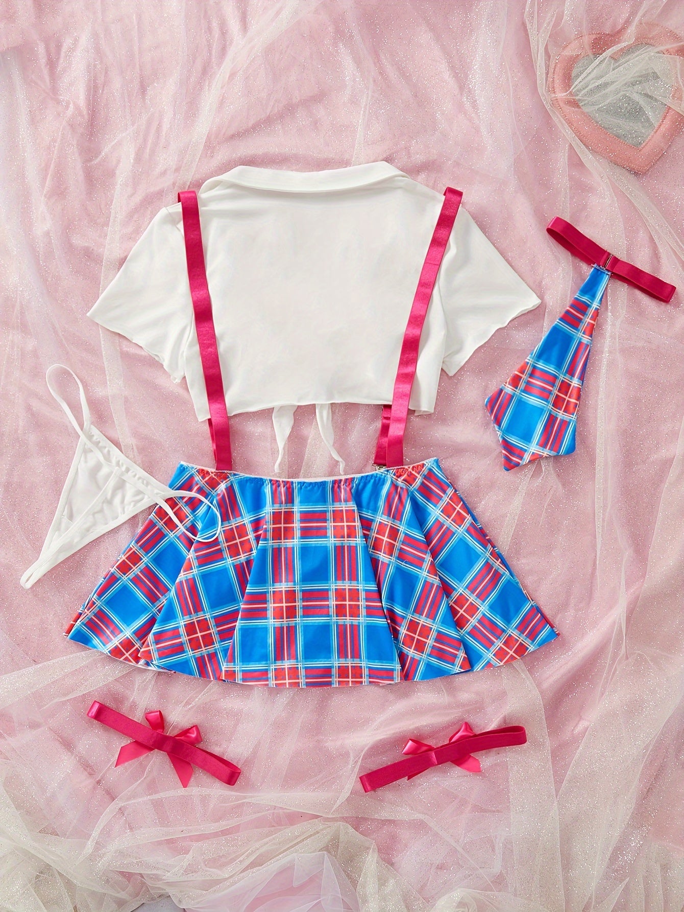Women's Lingerie Roleplay Outfit with Plaid Camisole Mini Dress + Thong + Top + Bow Tie + Garter Set, 5pcs