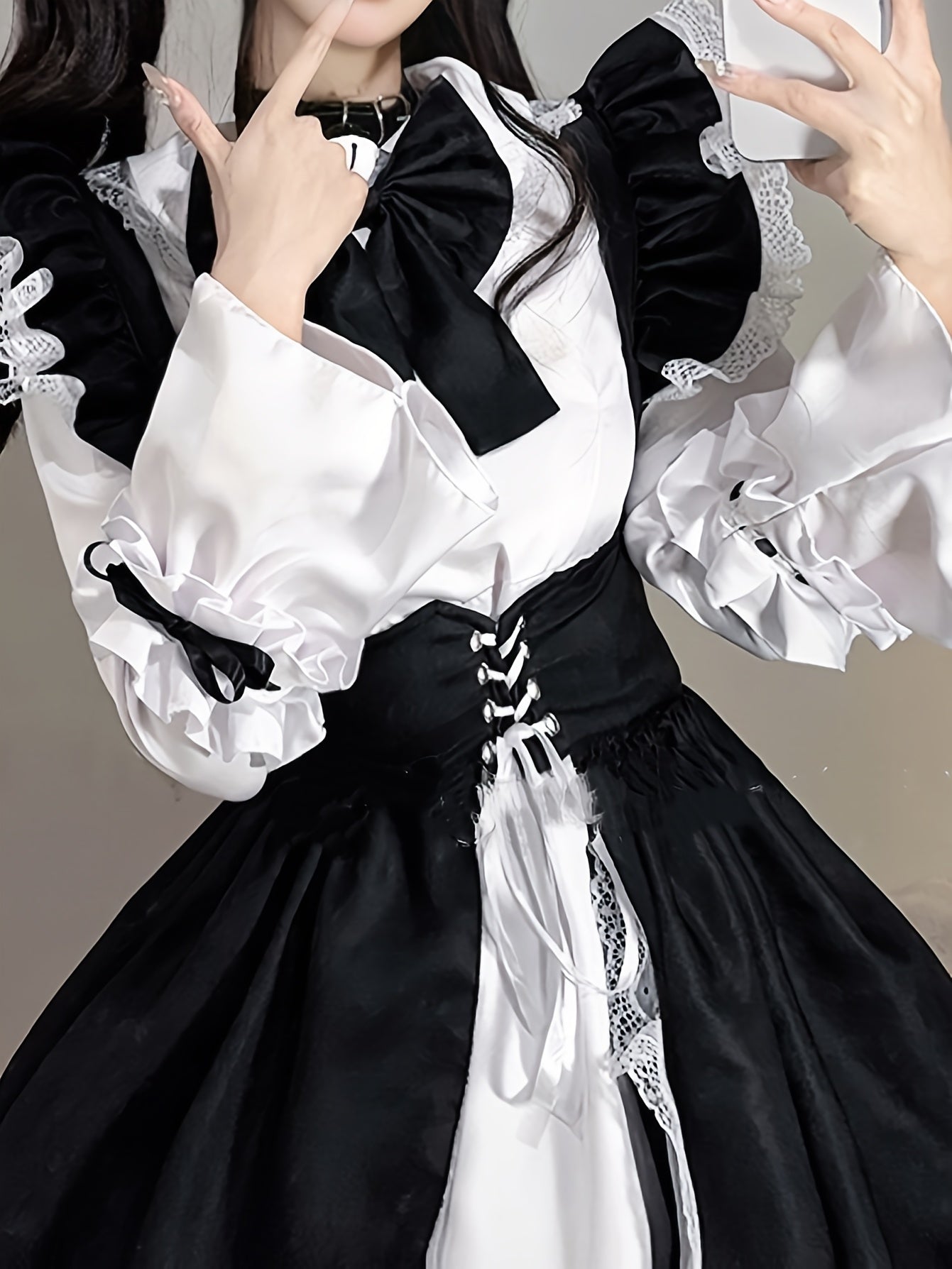 Women's Black & White Classic Japanese Maid Costume - Elegant Fitted Role-Play Dress with Trumpet Sleeves, Ruffled Hem & Large Bow, Knee-Length Non-Stretch Fabric for Cosplay, Themed Parties, Spring/Summer Wear, Spring Cospla