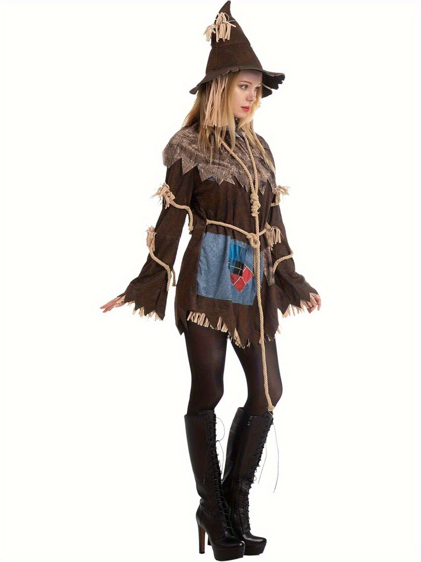 Women's Scary Scarecrow Costume with Hat & Dress - Complete Halloween Outfit with Straw-like Hair, Fake Drawstring Neck Ruffle Collar & Waist Rope - 100% Polyester Durable Costume for Halloween Parties, Themed Events, Wizard