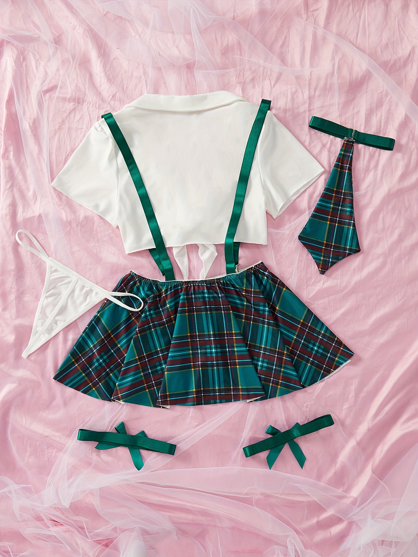 Women's Lingerie Roleplay Outfit with Plaid Camisole Mini Dress + Thong + Top + Bow Tie + Garter Set, 5pcs