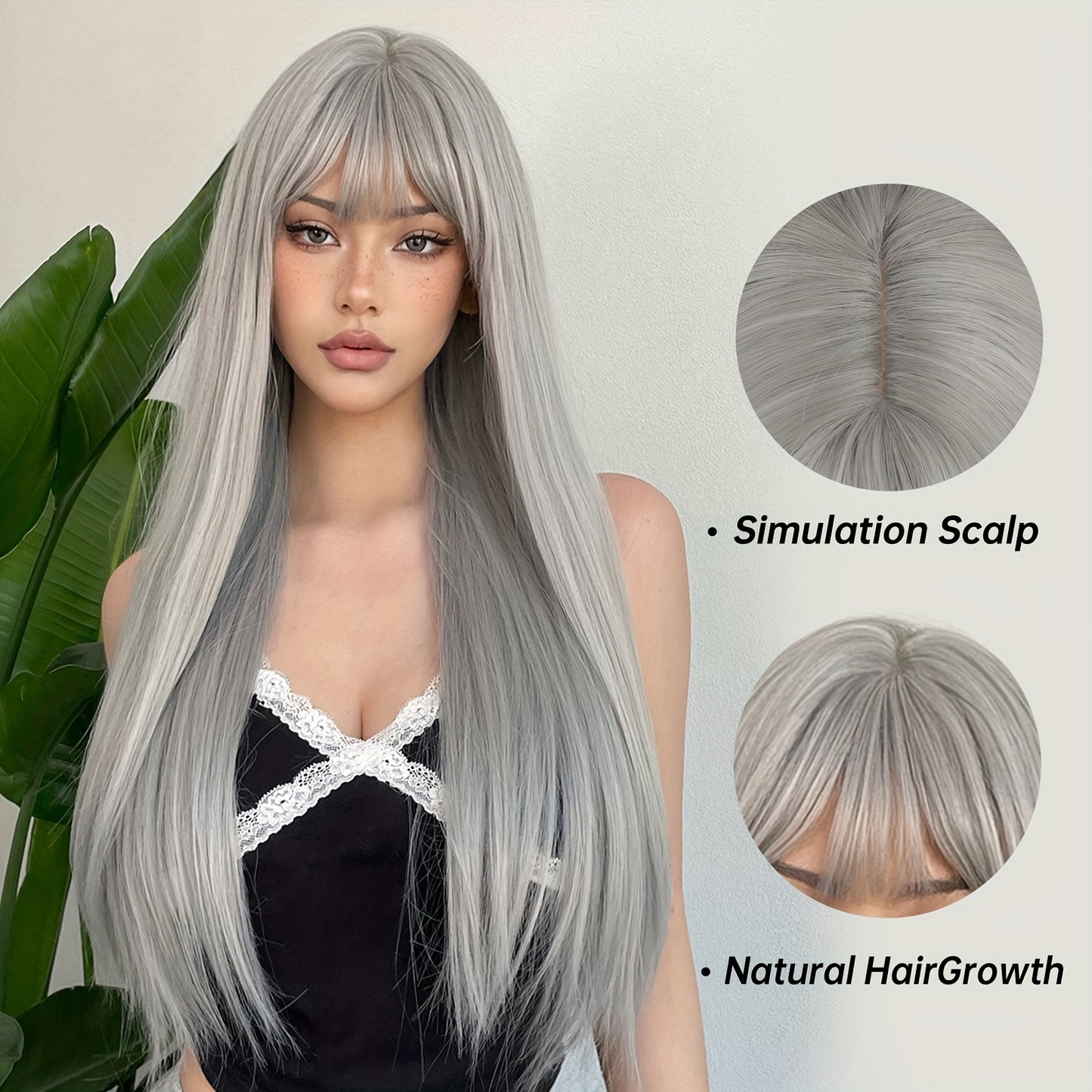 Silvery Grey 26 Inch Long Straight Hair Wigs With Bangs Heat Resistant Synthetic Hair Wigs For Women Girls For Cosplay Party Daily Taking Photos Use Music Festival