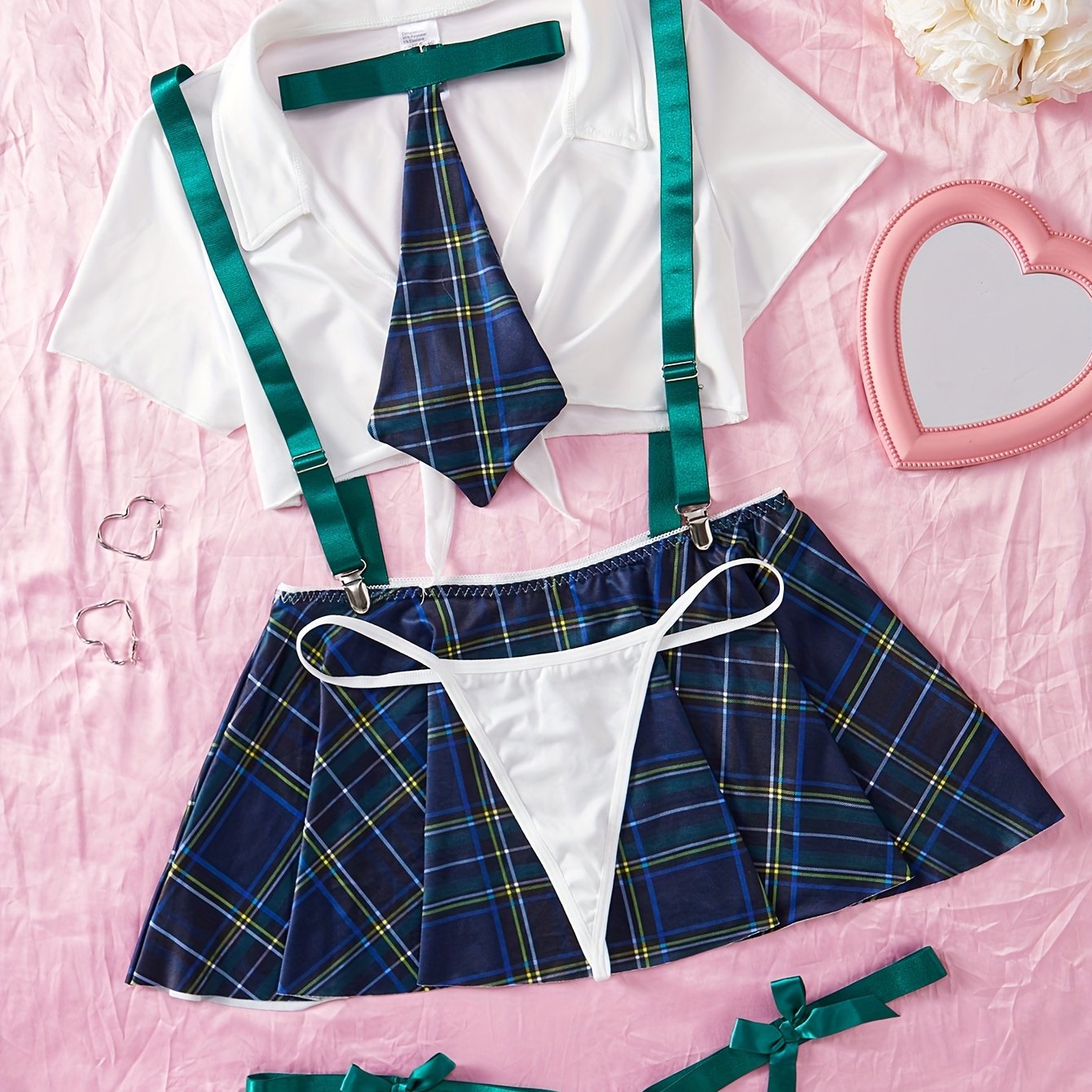 Women's Lingerie Roleplay Outfit with Plaid Camisole Mini Dress + Thong + Top + Bow Tie + Garter Set, 5pcs