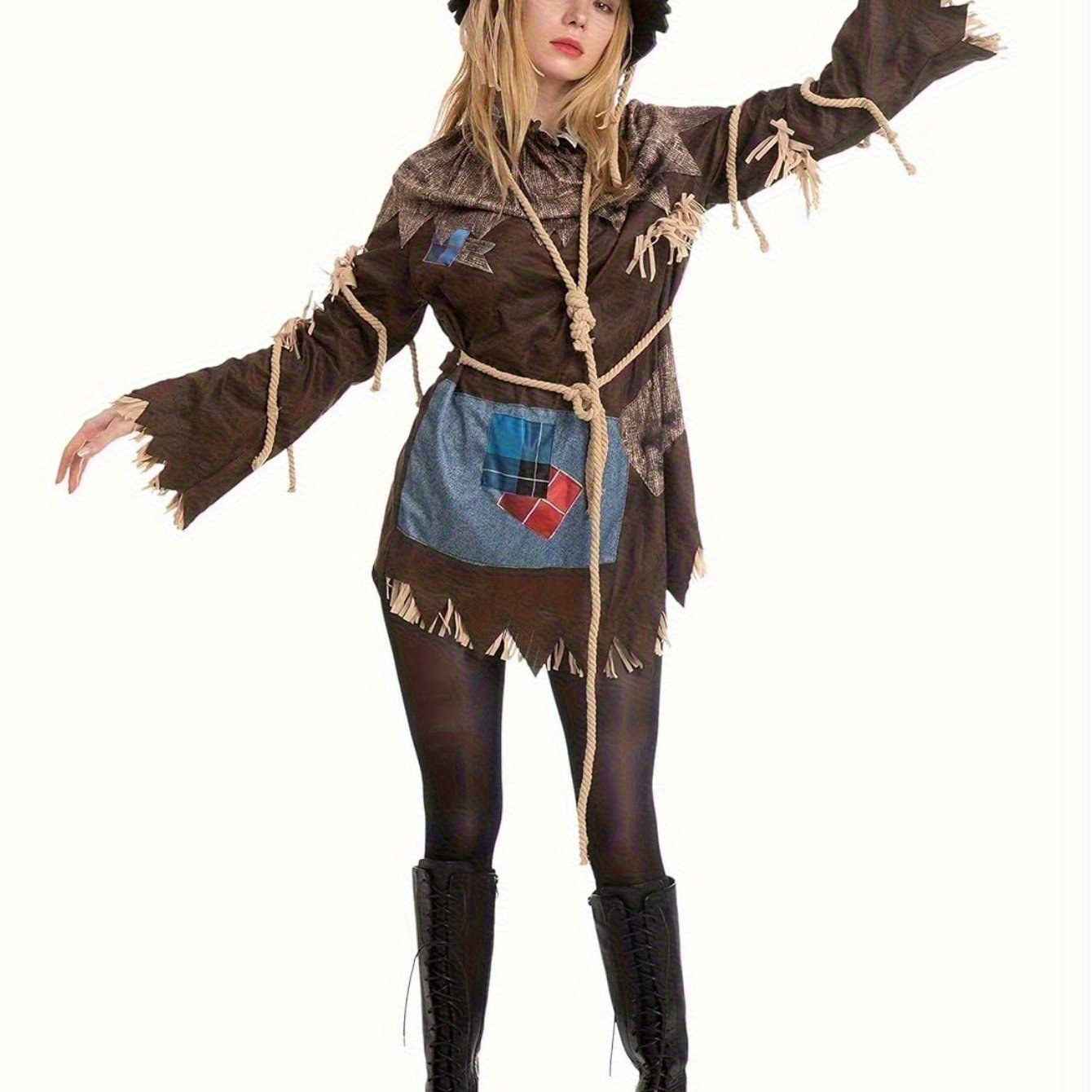 Women's Scary Scarecrow Costume with Hat & Dress - Complete Halloween Outfit with Straw-like Hair, Fake Drawstring Neck Ruffle Collar & Waist Rope - 100% Polyester Durable Costume for Halloween Parties, Themed Events, Wizard