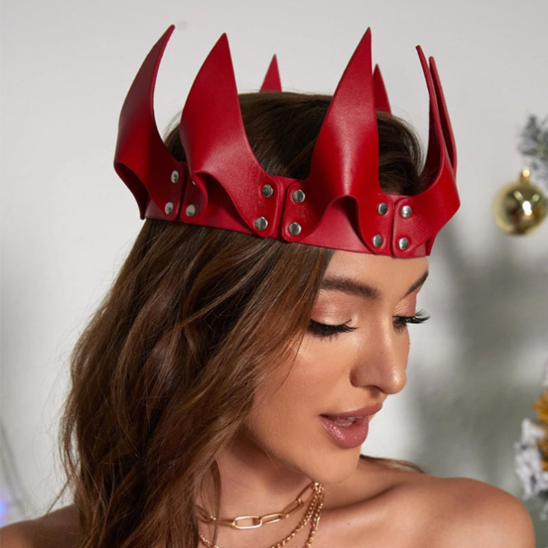 Red Crown Christmas Halloween Costume Accessory, Faux Leather Headpiece, Punk Y2K Style with Rivet Detail, for Women and Men, Festival Party Roleplay Carnival Outfit Accessory