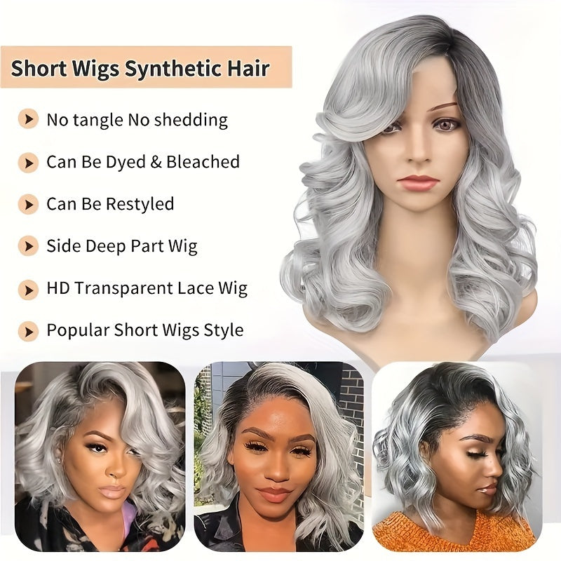 Black Gray Loose Wave Curly Hair Wigs Synthetic T Part Lace Front Wigs Bob Body Wave Wigs For Woman Heat Resistant Fiber Wigs
