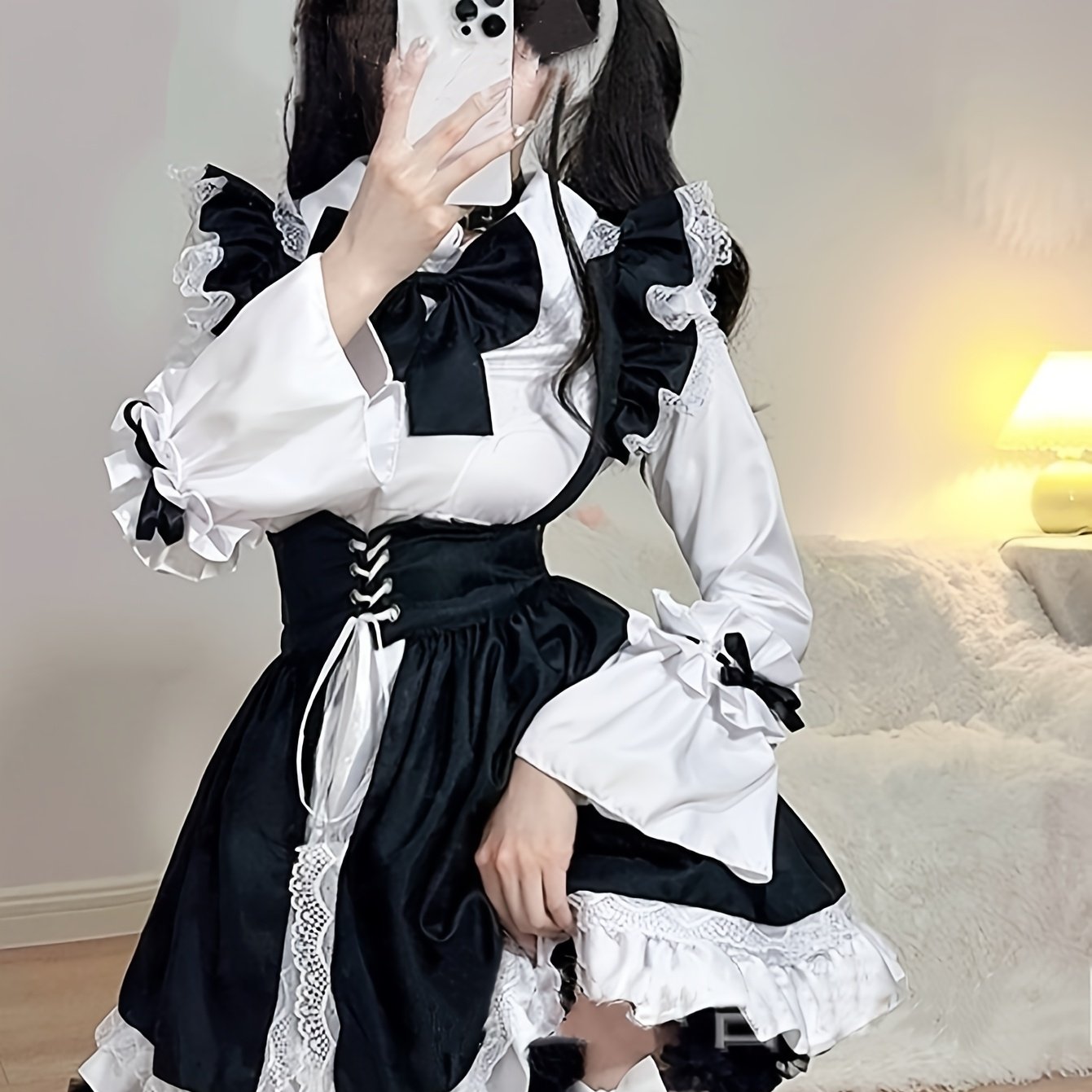 Women's Black & White Classic Japanese Maid Costume - Elegant Fitted Role-Play Dress with Trumpet Sleeves, Ruffled Hem & Large Bow, Knee-Length Non-Stretch Fabric for Cosplay, Themed Parties, Spring/Summer Wear, Spring Cospla