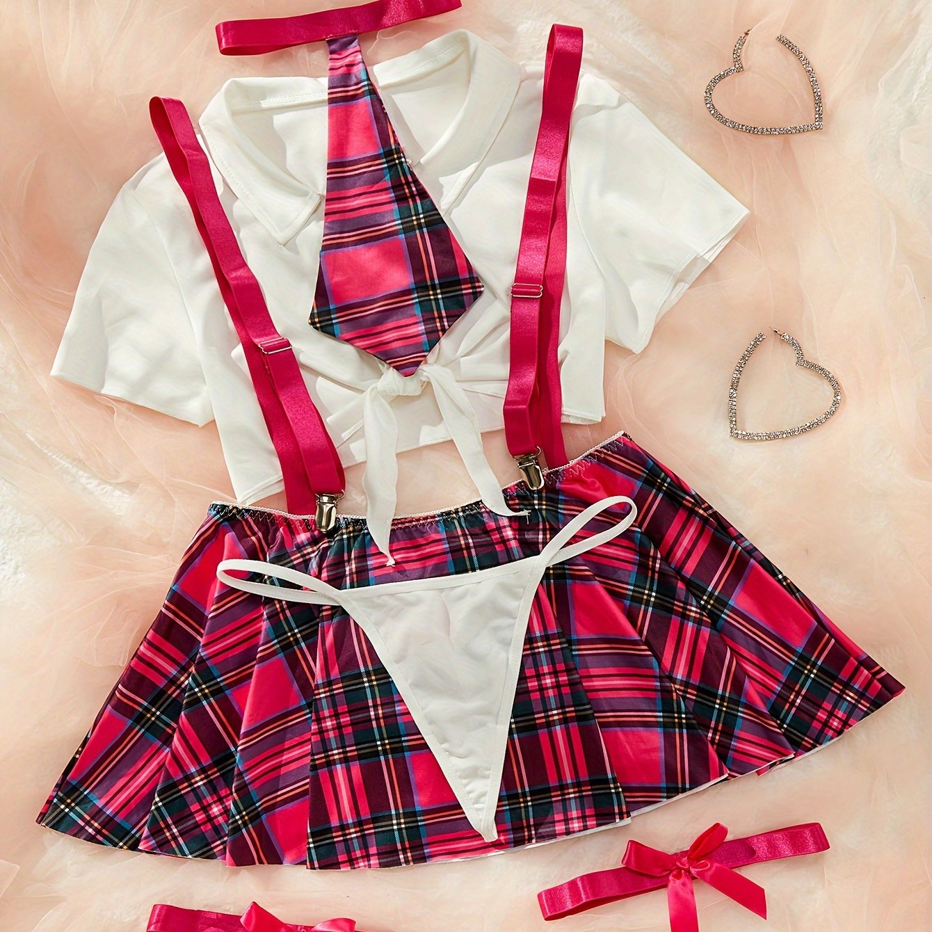 Women's Lingerie Roleplay Outfit with Plaid Camisole Mini Dress + Thong + Top + Bow Tie + Garter Set, 5pcs