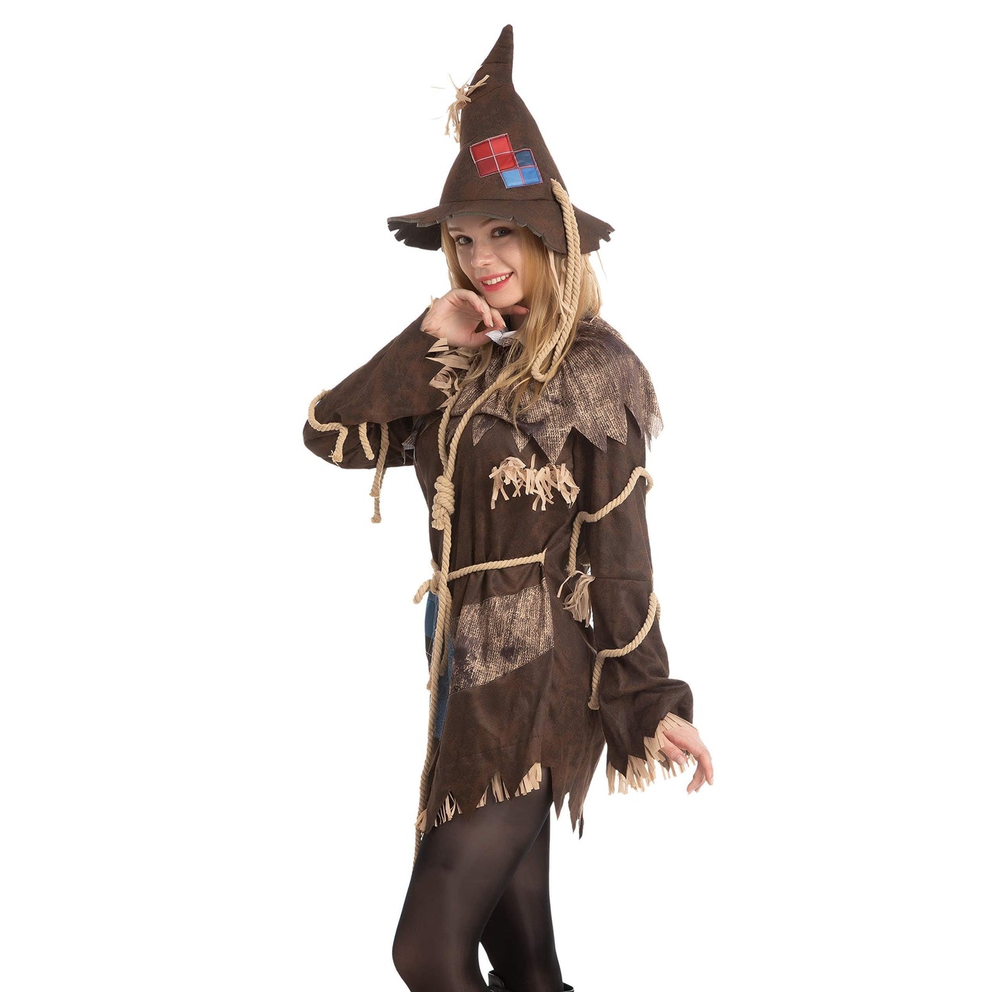 Women's Scary Scarecrow Costume with Hat & Dress - Complete Halloween Outfit with Straw-like Hair, Fake Drawstring Neck Ruffle Collar & Waist Rope - 100% Polyester Durable Costume for Halloween Parties, Themed Events, Wizard