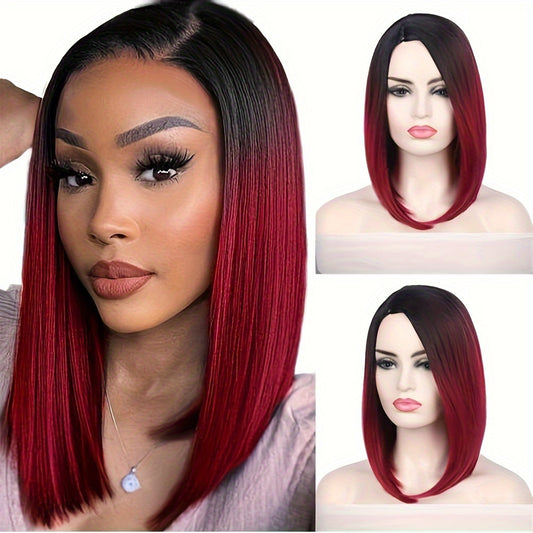 Heat Resistant Synthetic Wig - Black to Red Ombre Bob Cut with Side Part, Natural Look Synthetic Hair for Women, Everyday & Party Hairstyle, Easy Maintenance & Damage-Free Styling, Short Hair Wigs, Cosplay Accessory, Sleek St