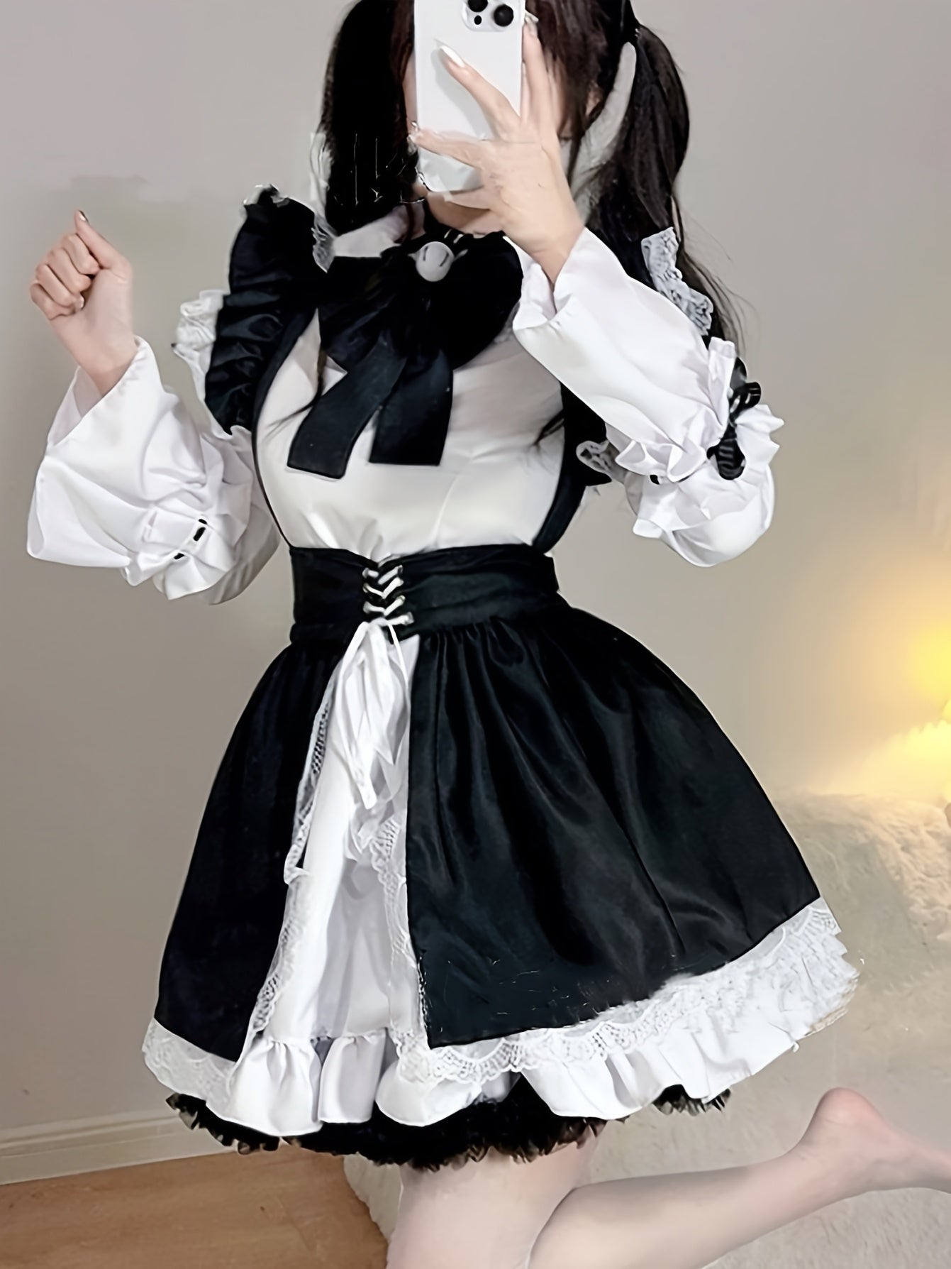 Women's Black & White Classic Japanese Maid Costume - Elegant Fitted Role-Play Dress with Trumpet Sleeves, Ruffled Hem & Large Bow, Knee-Length Non-Stretch Fabric for Cosplay, Themed Parties, Spring/Summer Wear, Spring Cospla