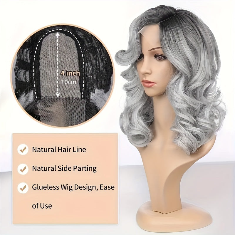 Black Gray Loose Wave Curly Hair Wigs Synthetic T Part Lace Front Wigs Bob Body Wave Wigs For Woman Heat Resistant Fiber Wigs