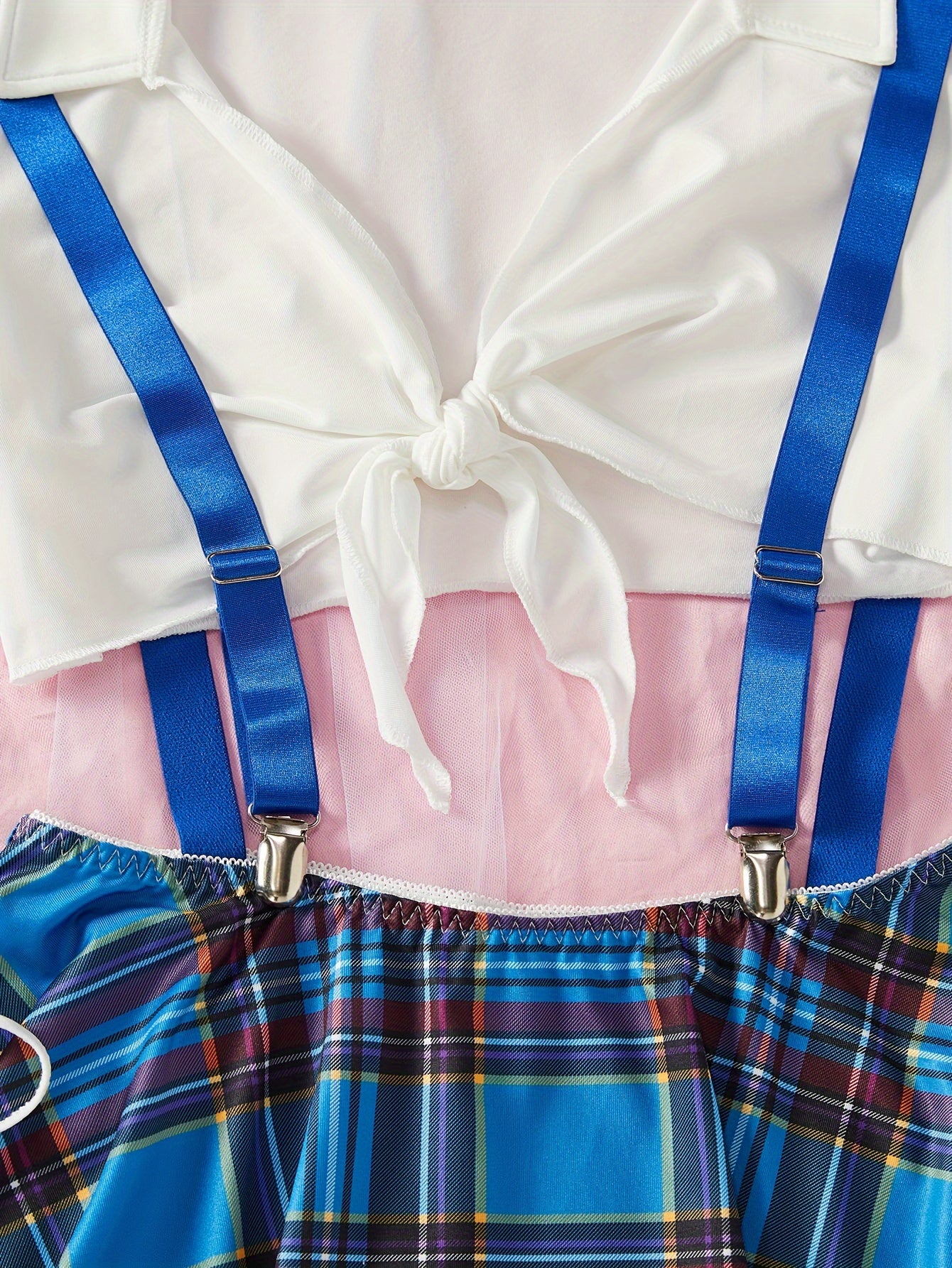 Women's Lingerie Roleplay Outfit with Plaid Camisole Mini Dress + Thong + Top + Bow Tie + Garter Set, 5pcs