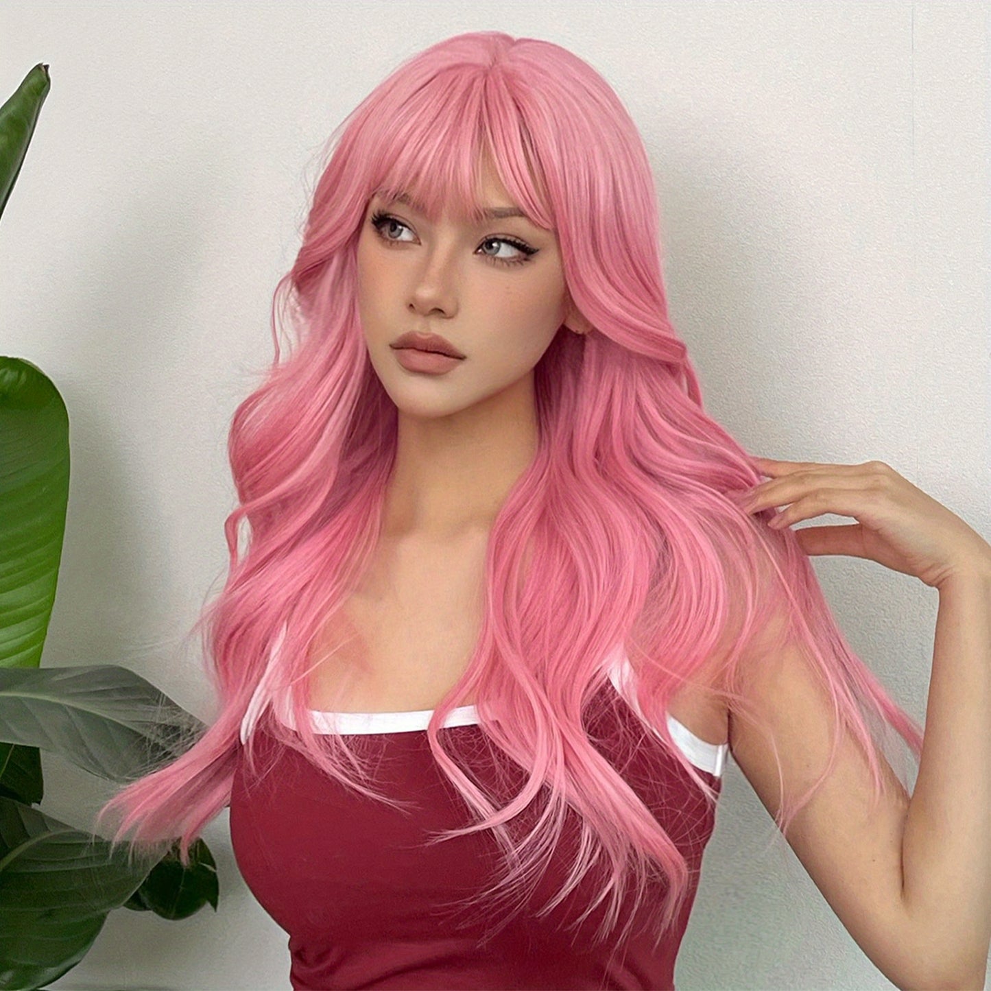 [Pink Hair Wigs] Pink 24 Inch Synthetic Fiber Hair Wigs With Bangs | Long Body Wave Hair Wigs For Women Girls | For Daily Party Cosplay Use Music Festival