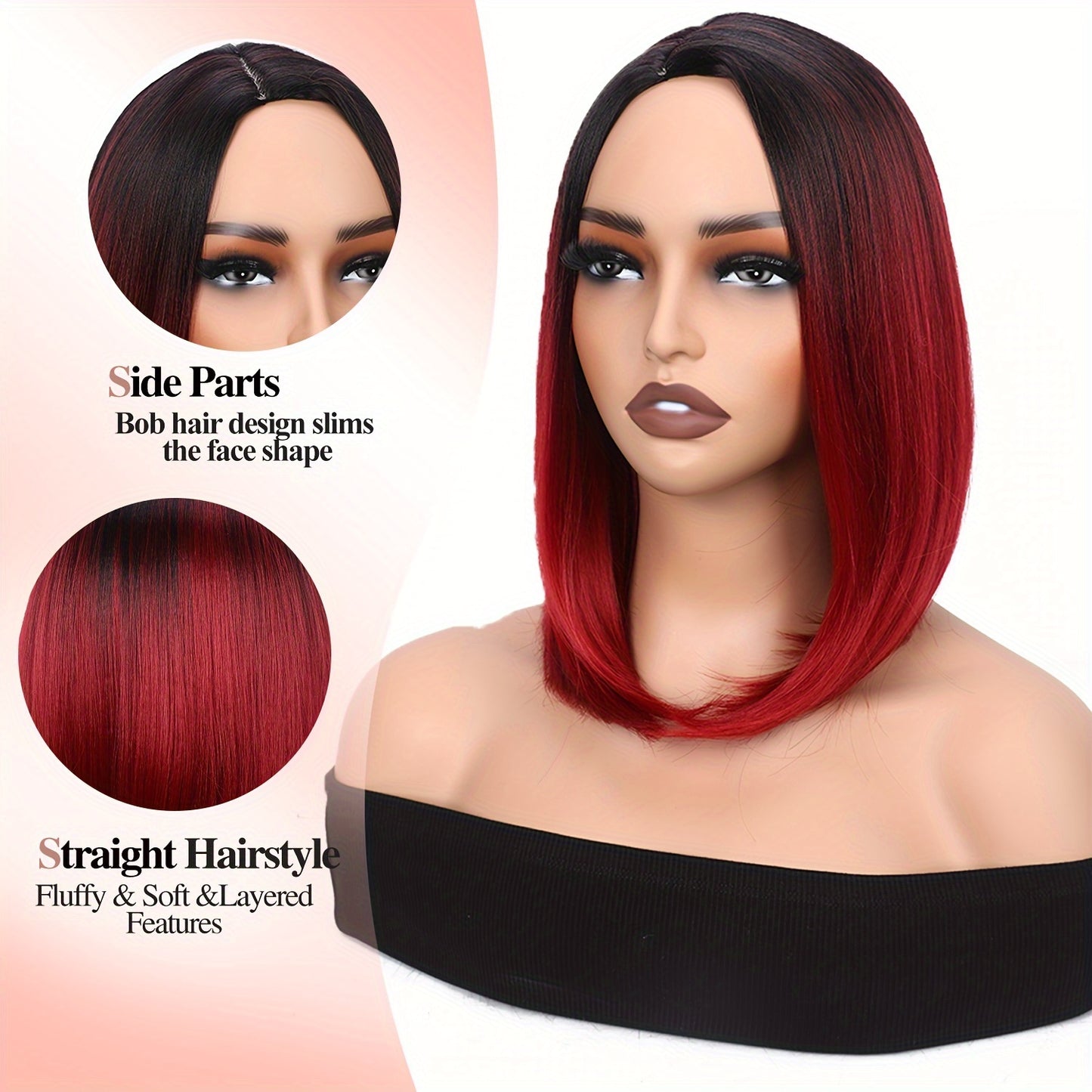 Heat Resistant Synthetic Wig - Black to Red Ombre Bob Cut with Side Part, Natural Look Synthetic Hair for Women, Everyday & Party Hairstyle, Easy Maintenance & Damage-Free Styling, Short Hair Wigs, Cosplay Accessory, Sleek St
