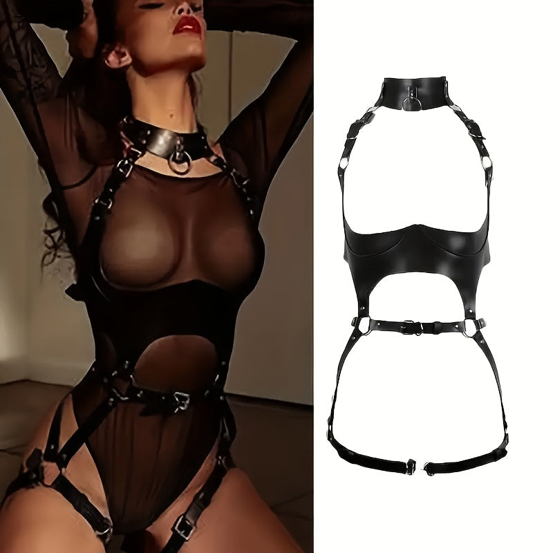 Ladies Gothic Faux Leather Bondage Suit | Adjustable Sexy Belt & Metal Buckles | Fetish Roleplay Costume For BDSM/Flirting Games | Edgy Fashion For Goth & Cosplay Lovers