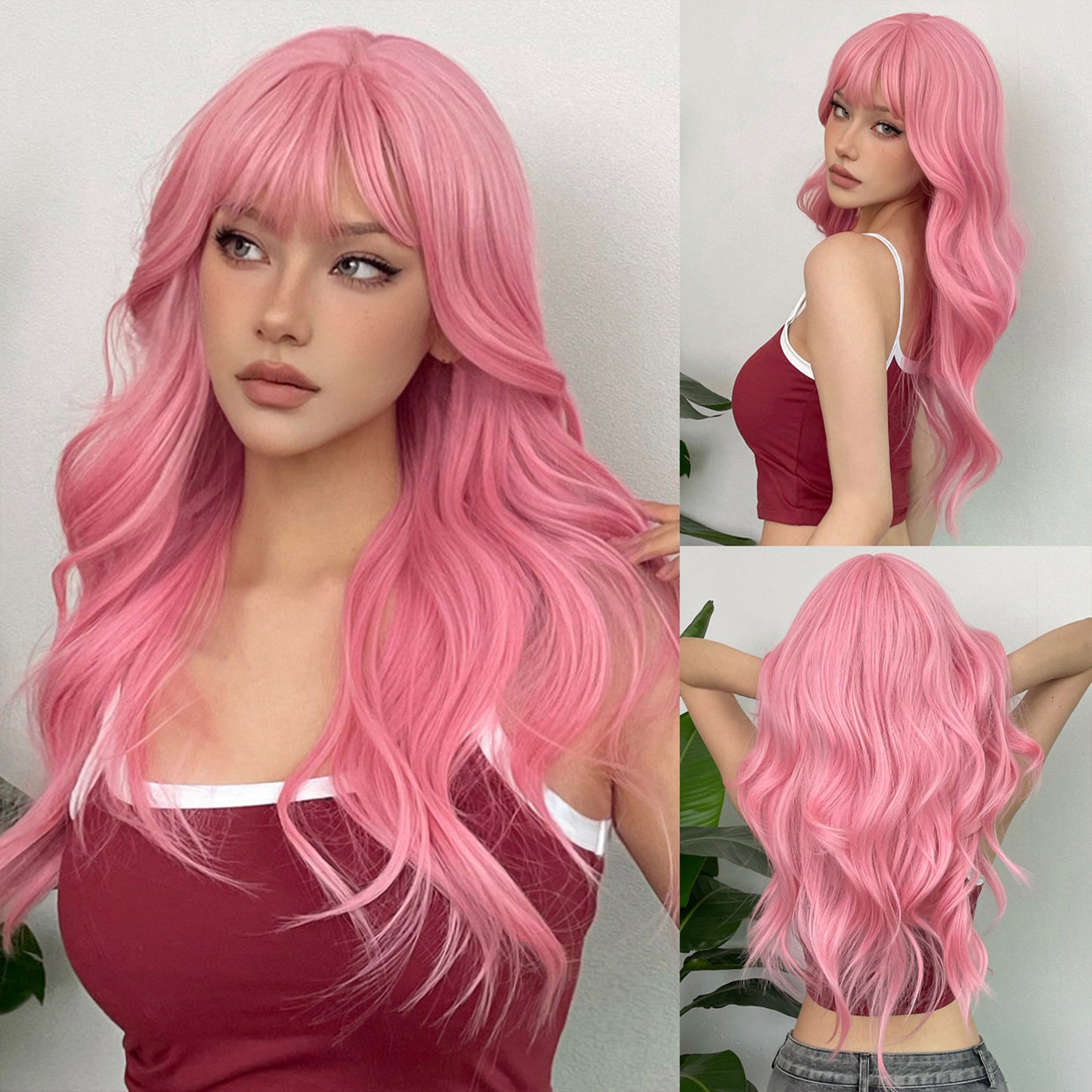 [Pink Hair Wigs] Pink 24 Inch Synthetic Fiber Hair Wigs With Bangs | Long Body Wave Hair Wigs For Women Girls | For Daily Party Cosplay Use Music Festival