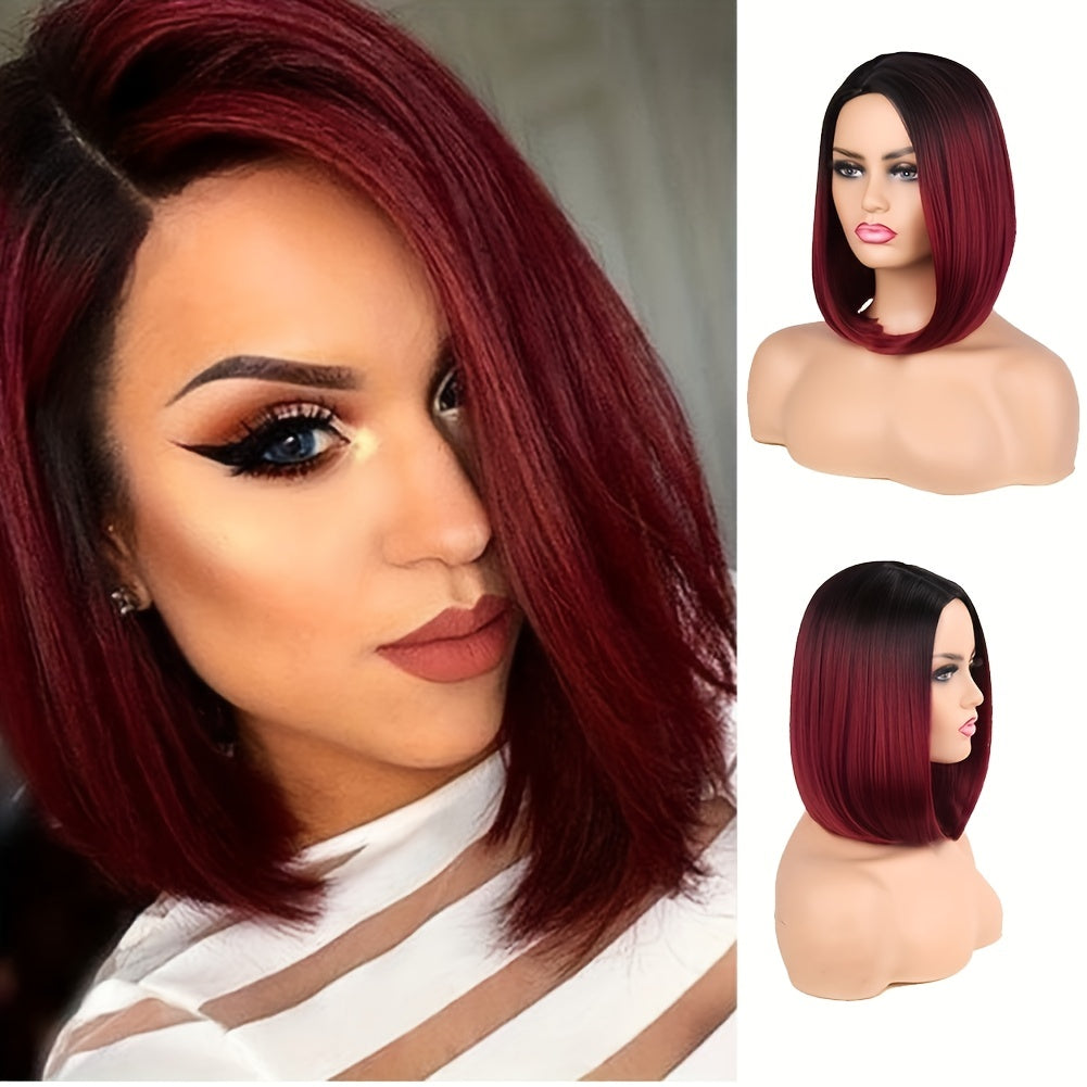 Heat Resistant Synthetic Wig - Black to Red Ombre Bob Cut with Side Part, Natural Look Synthetic Hair for Women, Everyday & Party Hairstyle, Easy Maintenance & Damage-Free Styling, Short Hair Wigs, Cosplay Accessory, Sleek St
