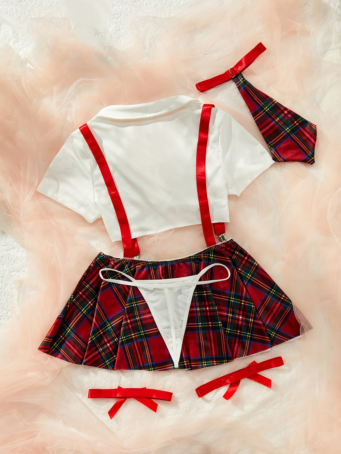 Women's Lingerie Roleplay Outfit with Plaid Camisole Mini Dress + Thong + Top + Bow Tie + Garter Set, 5pcs