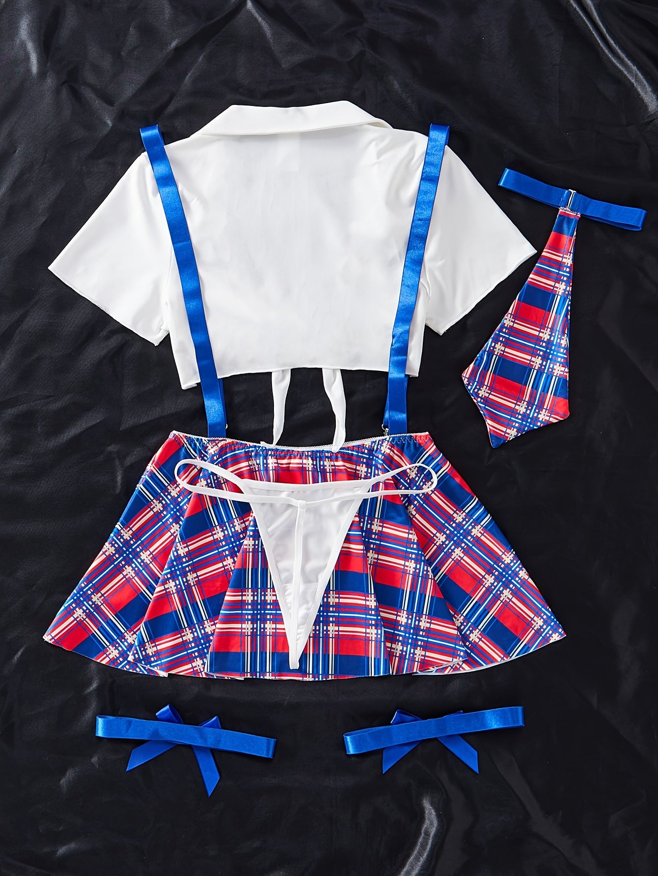 Women's Lingerie Roleplay Outfit with Plaid Camisole Mini Dress + Thong + Top + Bow Tie + Garter Set, 5pcs