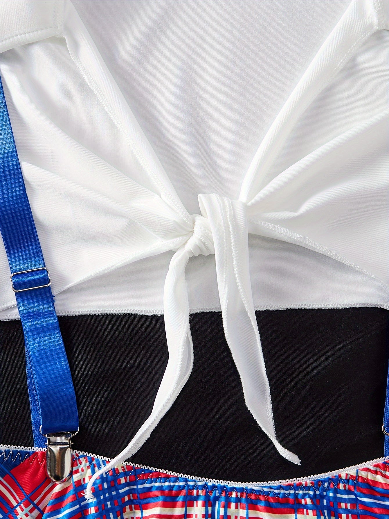 Women's Lingerie Roleplay Outfit with Plaid Camisole Mini Dress + Thong + Top + Bow Tie + Garter Set, 5pcs