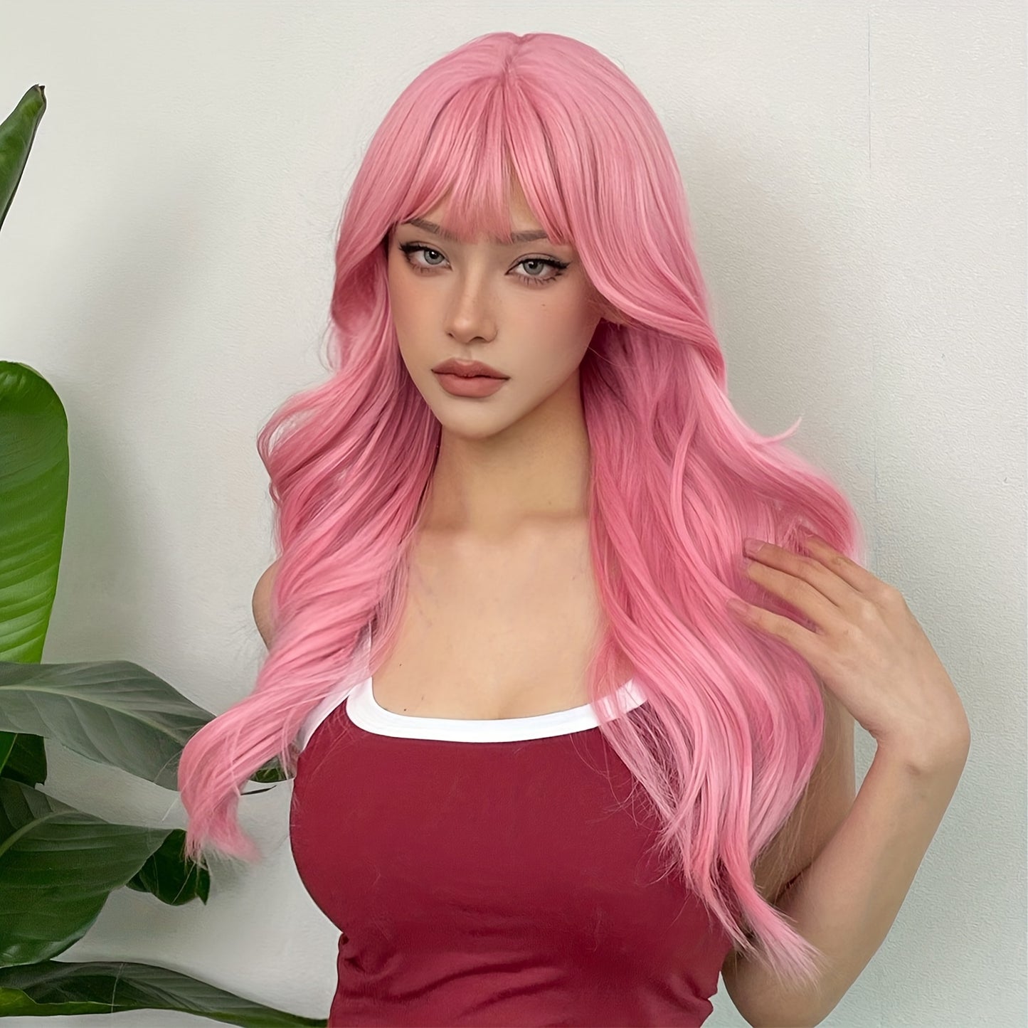 [Pink Hair Wigs] Pink 24 Inch Synthetic Fiber Hair Wigs With Bangs | Long Body Wave Hair Wigs For Women Girls | For Daily Party Cosplay Use Music Festival