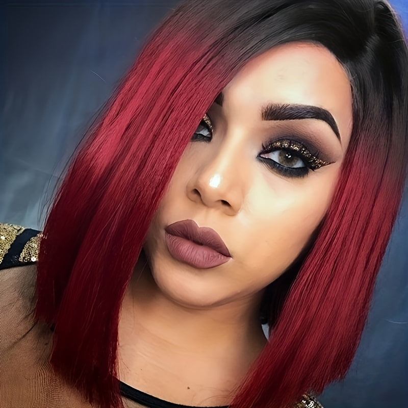 Heat Resistant Synthetic Wig - Black to Red Ombre Bob Cut with Side Part, Natural Look Synthetic Hair for Women, Everyday & Party Hairstyle, Easy Maintenance & Damage-Free Styling, Short Hair Wigs, Cosplay Accessory, Sleek St