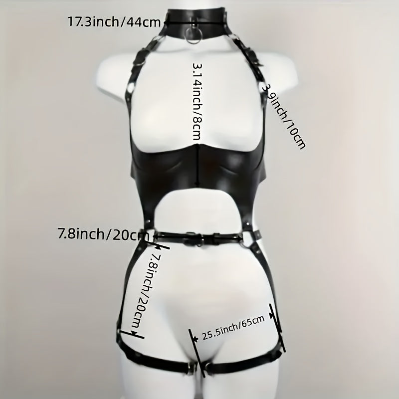 Ladies Gothic Faux Leather Bondage Suit | Adjustable Sexy Belt & Metal Buckles | Fetish Roleplay Costume For BDSM/Flirting Games | Edgy Fashion For Goth & Cosplay Lovers