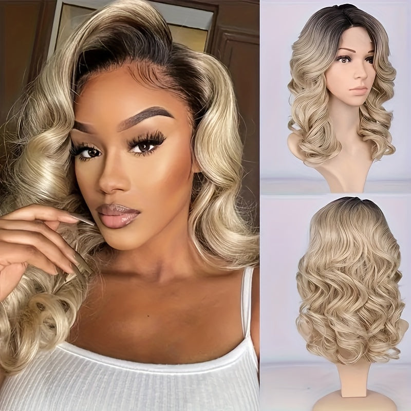 Black Gray Loose Wave Curly Hair Wigs Synthetic T Part Lace Front Wigs Bob Body Wave Wigs For Woman Heat Resistant Fiber Wigs