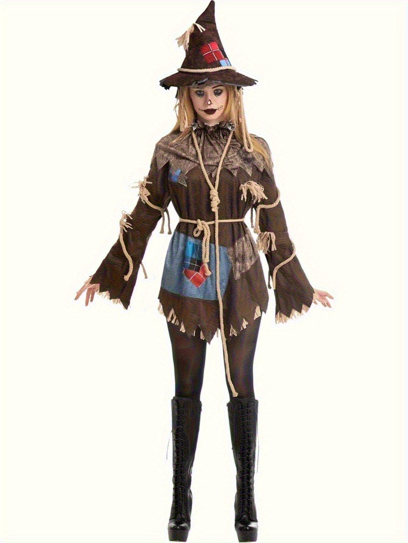 Women's Scary Scarecrow Costume with Hat & Dress - Complete Halloween Outfit with Straw-like Hair, Fake Drawstring Neck Ruffle Collar & Waist Rope - 100% Polyester Durable Costume for Halloween Parties, Themed Events, Wizard