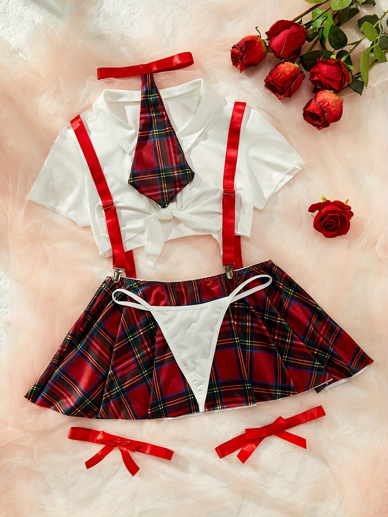 Women's Lingerie Roleplay Outfit with Plaid Camisole Mini Dress + Thong + Top + Bow Tie + Garter Set, 5pcs