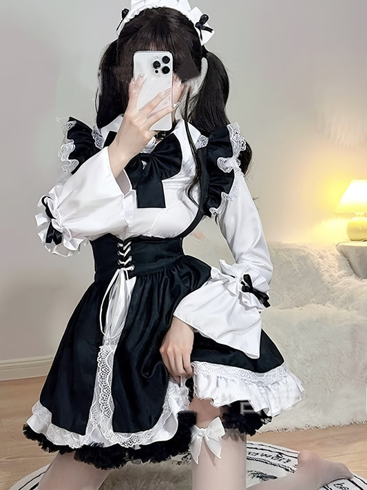 Women's Black & White Classic Japanese Maid Costume - Elegant Fitted Role-Play Dress with Trumpet Sleeves, Ruffled Hem & Large Bow, Knee-Length Non-Stretch Fabric for Cosplay, Themed Parties, Spring/Summer Wear, Spring Cospla