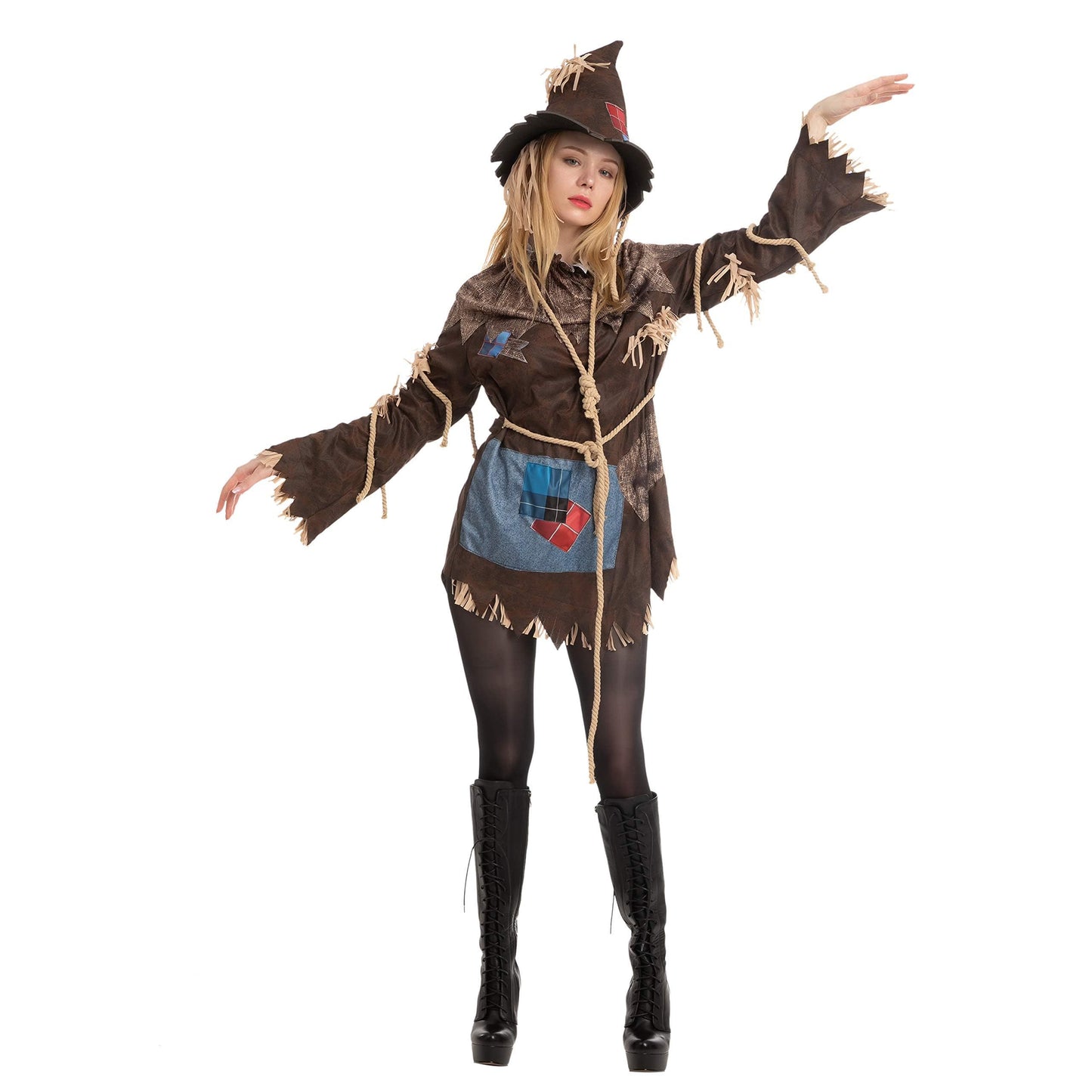 Women's Scary Scarecrow Costume with Hat & Dress - Complete Halloween Outfit with Straw-like Hair, Fake Drawstring Neck Ruffle Collar & Waist Rope - 100% Polyester Durable Costume for Halloween Parties, Themed Events, Wizard