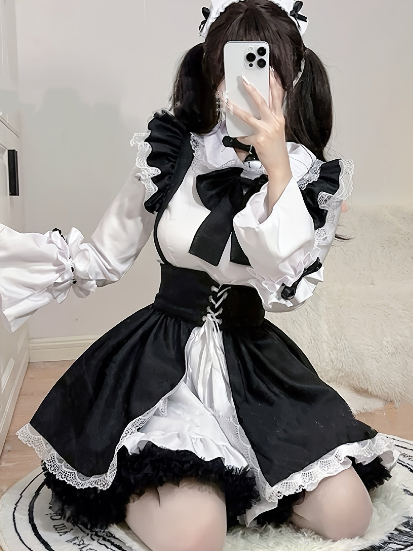 Women's Black & White Classic Japanese Maid Costume - Elegant Fitted Role-Play Dress with Trumpet Sleeves, Ruffled Hem & Large Bow, Knee-Length Non-Stretch Fabric for Cosplay, Themed Parties, Spring/Summer Wear, Spring Cospla