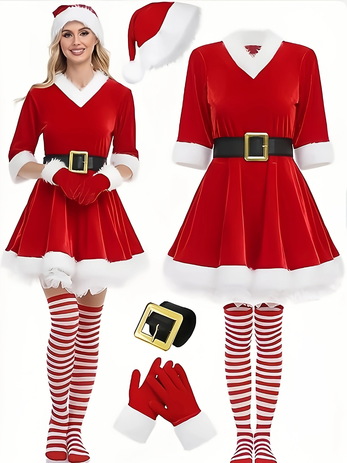 5pcs Women's Christmas Dress, Santa Claus Role-playing Costume, Plush Decoration Velvet Round Neck 3/4 Cuff Skirt with Hat, Socks, Belt, Gloves, Clothing, Santa Outfits For Women, Santa Claus Dress For Women, Christmas Winter