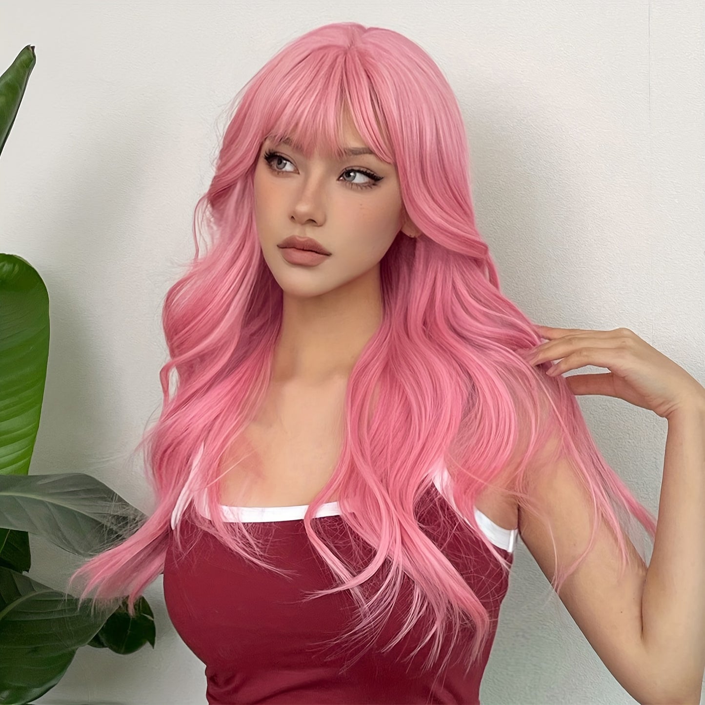 [Pink Hair Wigs] Pink 24 Inch Synthetic Fiber Hair Wigs With Bangs | Long Body Wave Hair Wigs For Women Girls | For Daily Party Cosplay Use Music Festival