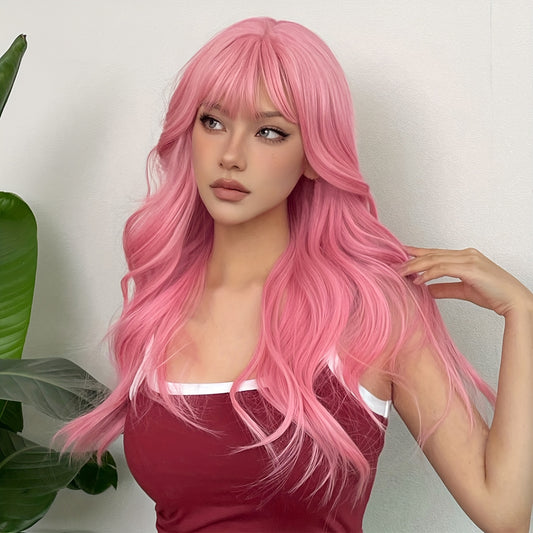 [Pink Hair Wigs] Pink 24 Inch Synthetic Fiber Hair Wigs With Bangs | Long Body Wave Hair Wigs For Women Girls | For Daily Party Cosplay Use Music Festival