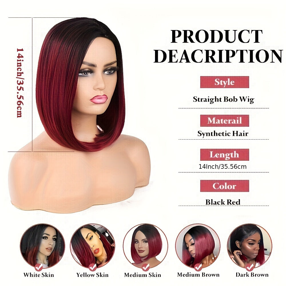 Heat Resistant Synthetic Wig - Black to Red Ombre Bob Cut with Side Part, Natural Look Synthetic Hair for Women, Everyday & Party Hairstyle, Easy Maintenance & Damage-Free Styling, Short Hair Wigs, Cosplay Accessory, Sleek St