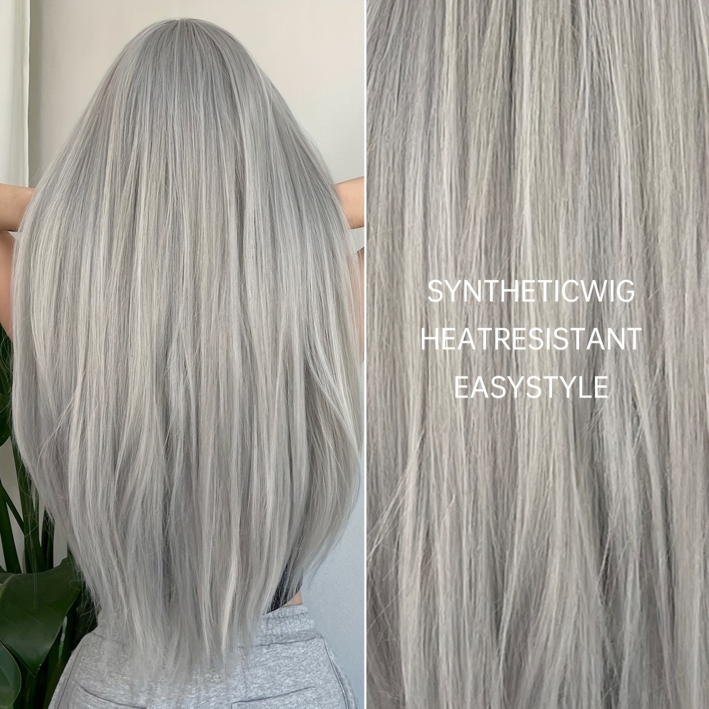 Silvery Grey 26 Inch Long Straight Hair Wigs With Bangs Heat Resistant Synthetic Hair Wigs For Women Girls For Cosplay Party Daily Taking Photos Use Music Festival
