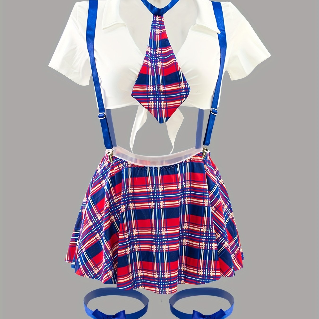 Women's Lingerie Roleplay Outfit with Plaid Camisole Mini Dress + Thong + Top + Bow Tie + Garter Set, 5pcs