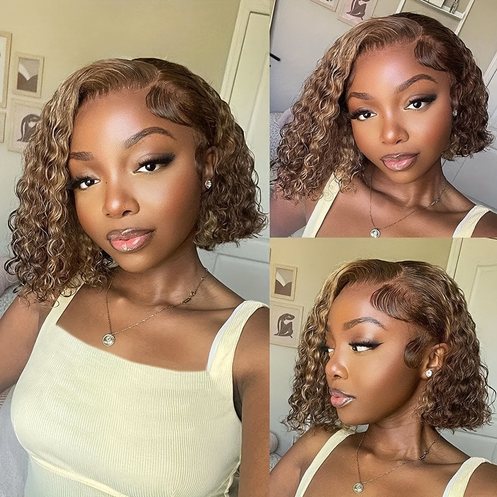 Curly Bob Wigs 13X4 Lace Front Wig Brazilian Remy Human Hair Wigs Blonde Brown Deep Wave Short Wig For Women 13x4 lace Highlight Color 4/27 10-16inch