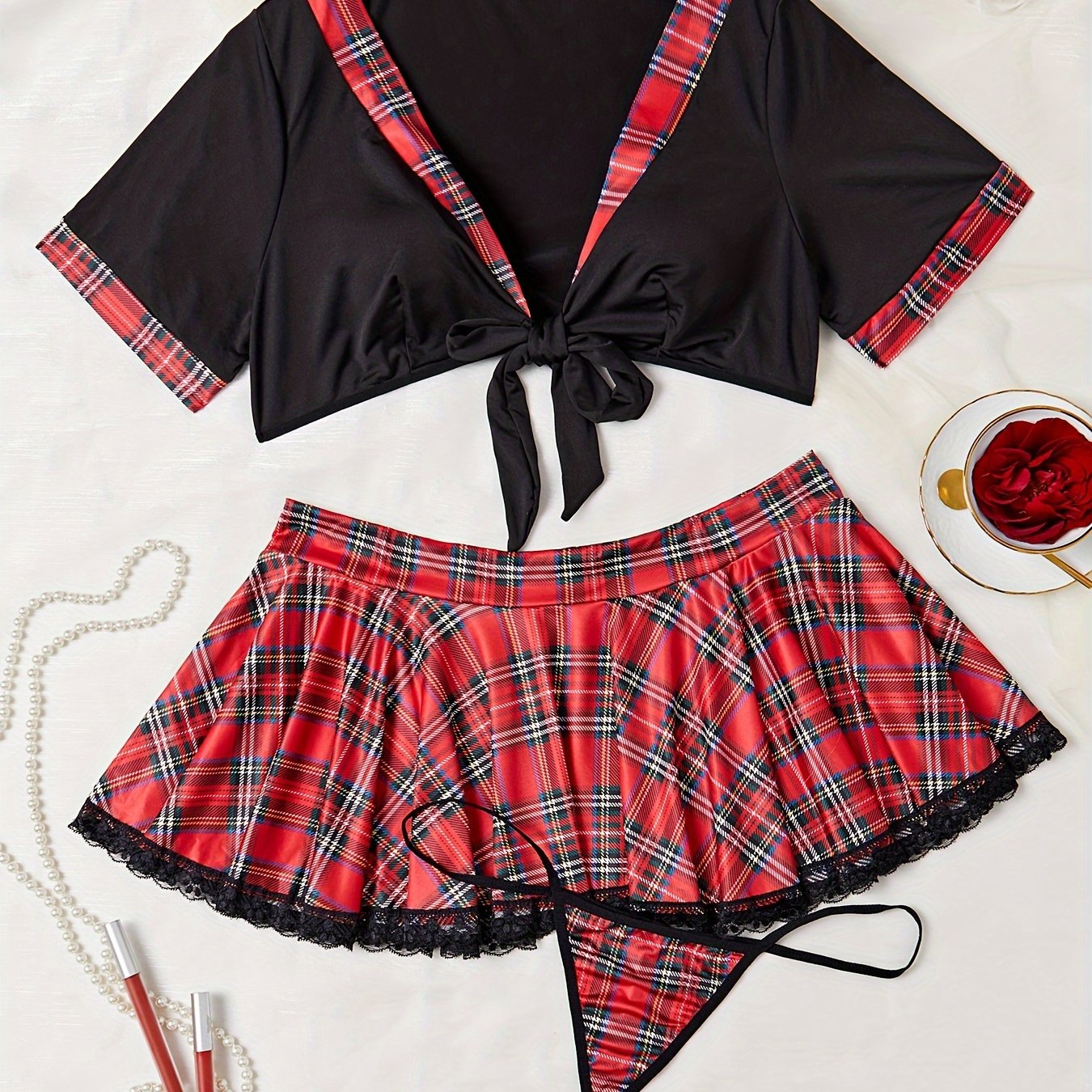 Women's Sexy Lingerie Set, Plus Size Plaid Print Tie Front Crop Top & Pleated Contrast Lace Panel Skirt Roleplay Costumes 2 Piece Set