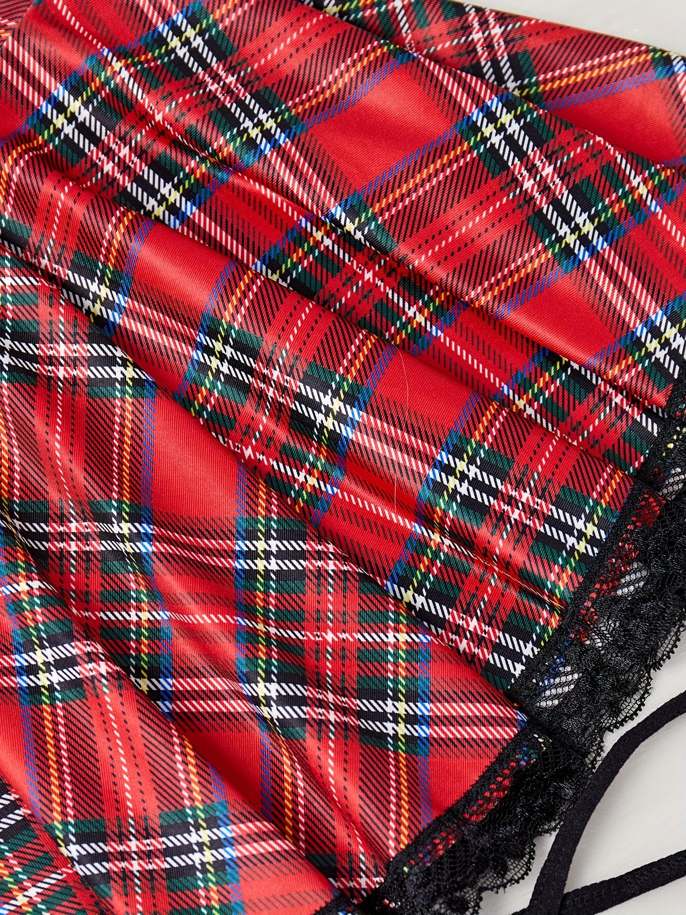 Women's Sexy Lingerie Set, Plus Size Plaid Print Tie Front Crop Top & Pleated Contrast Lace Panel Skirt Roleplay Costumes 2 Piece Set