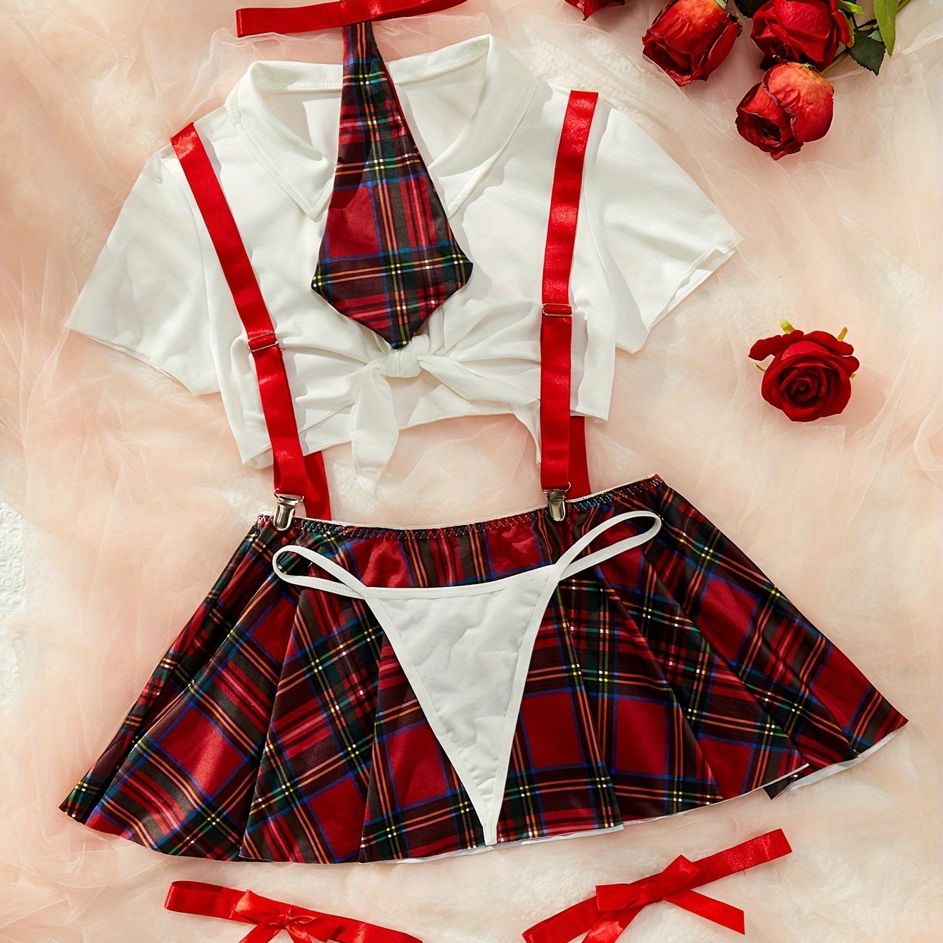 Women's Lingerie Roleplay Outfit with Plaid Camisole Mini Dress + Thong + Top + Bow Tie + Garter Set, 5pcs