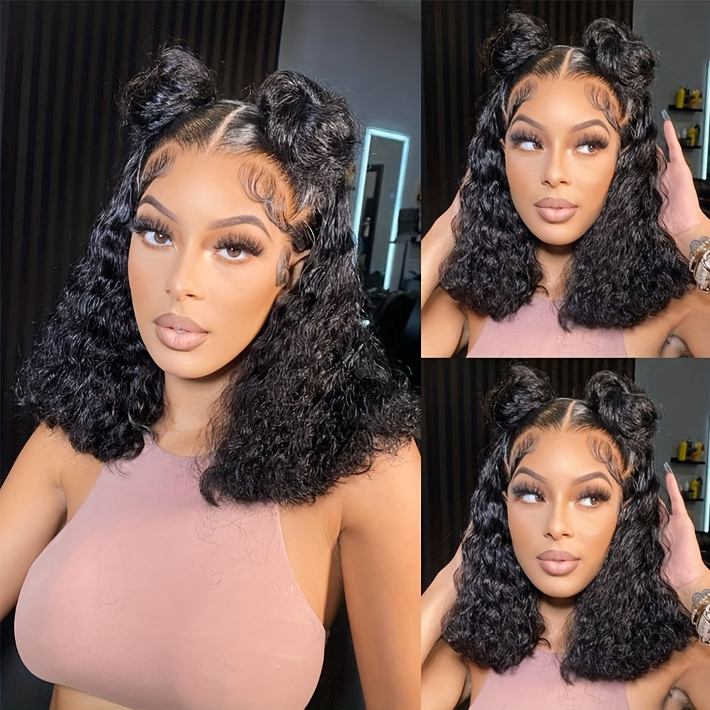180% Density Brazilian Remy Human Hair Wig with 13x4 Lace Front - Deep Wave Natural Hairline & Pre-Plucked for | Curly Wigs for African Females, Volume & Scalp Coverage, Brazilian Human Hair Wigs