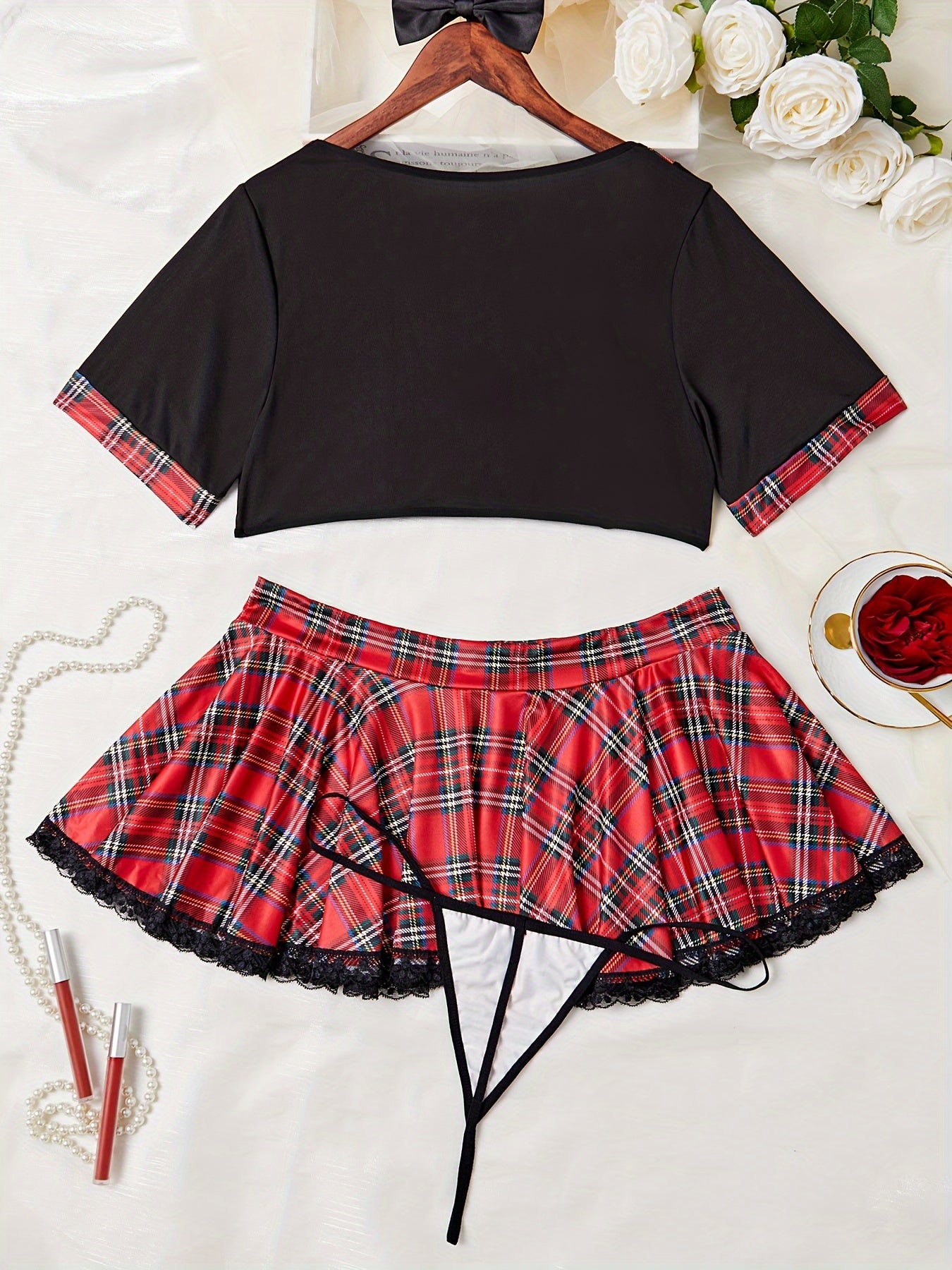 Women's Sexy Lingerie Set, Plus Size Plaid Print Tie Front Crop Top & Pleated Contrast Lace Panel Skirt Roleplay Costumes 2 Piece Set