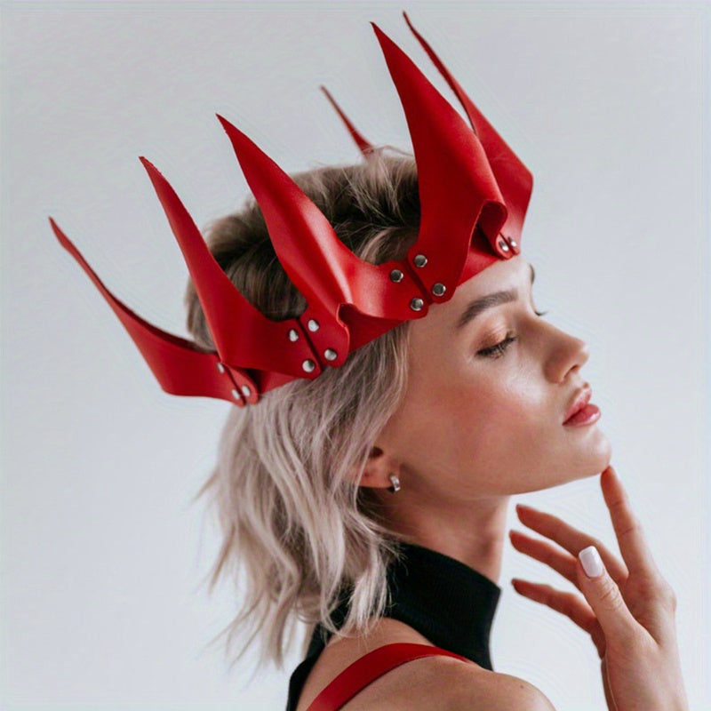 Red Crown Christmas Halloween Costume Accessory, Faux Leather Headpiece, Punk Y2K Style with Rivet Detail, for Women and Men, Festival Party Roleplay Carnival Outfit Accessory