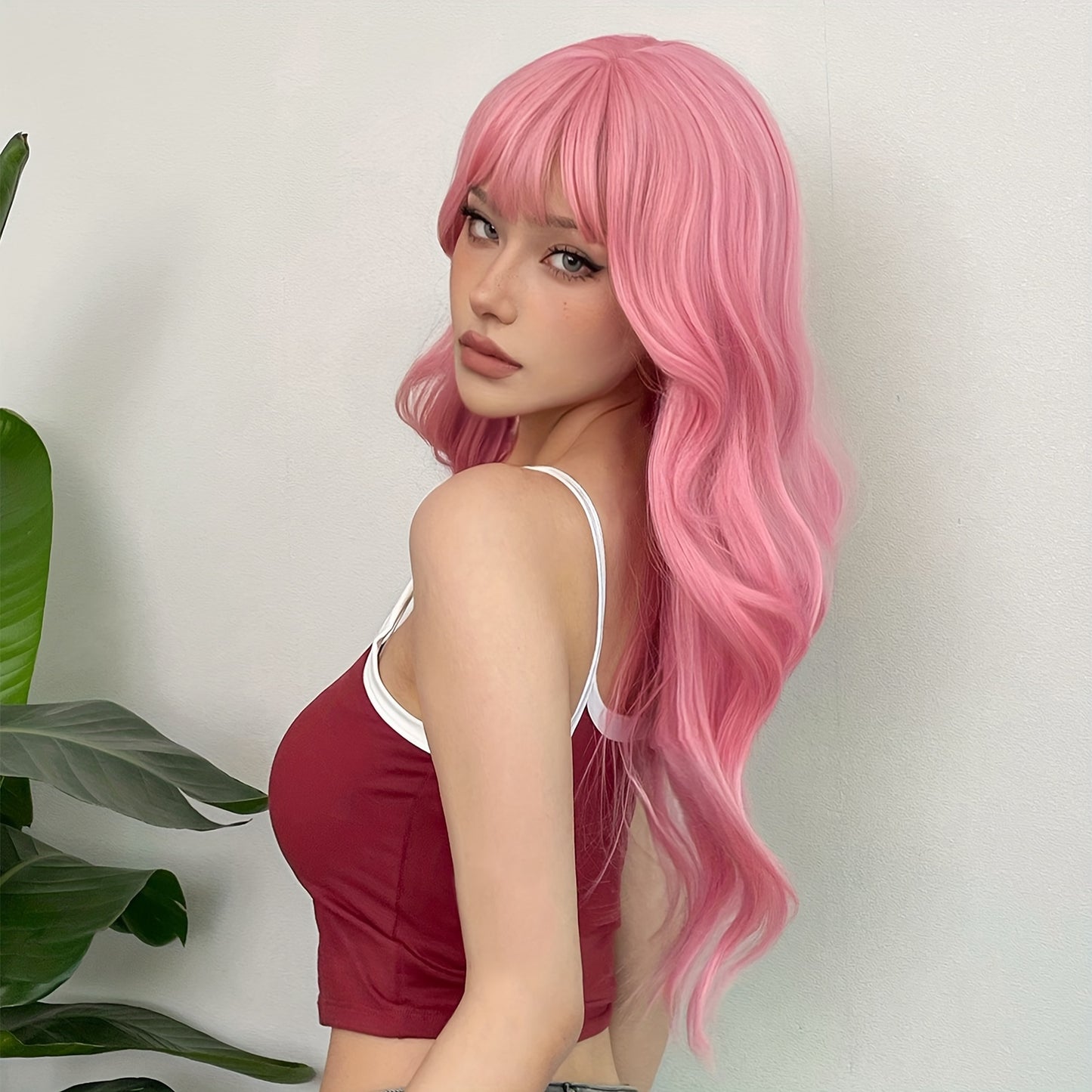 [Pink Hair Wigs] Pink 24 Inch Synthetic Fiber Hair Wigs With Bangs | Long Body Wave Hair Wigs For Women Girls | For Daily Party Cosplay Use Music Festival